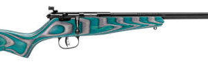Savage Rascal Minimalist .22 LR bolt-action single-shot rifle with teal and gray laminated stock and threaded barrel